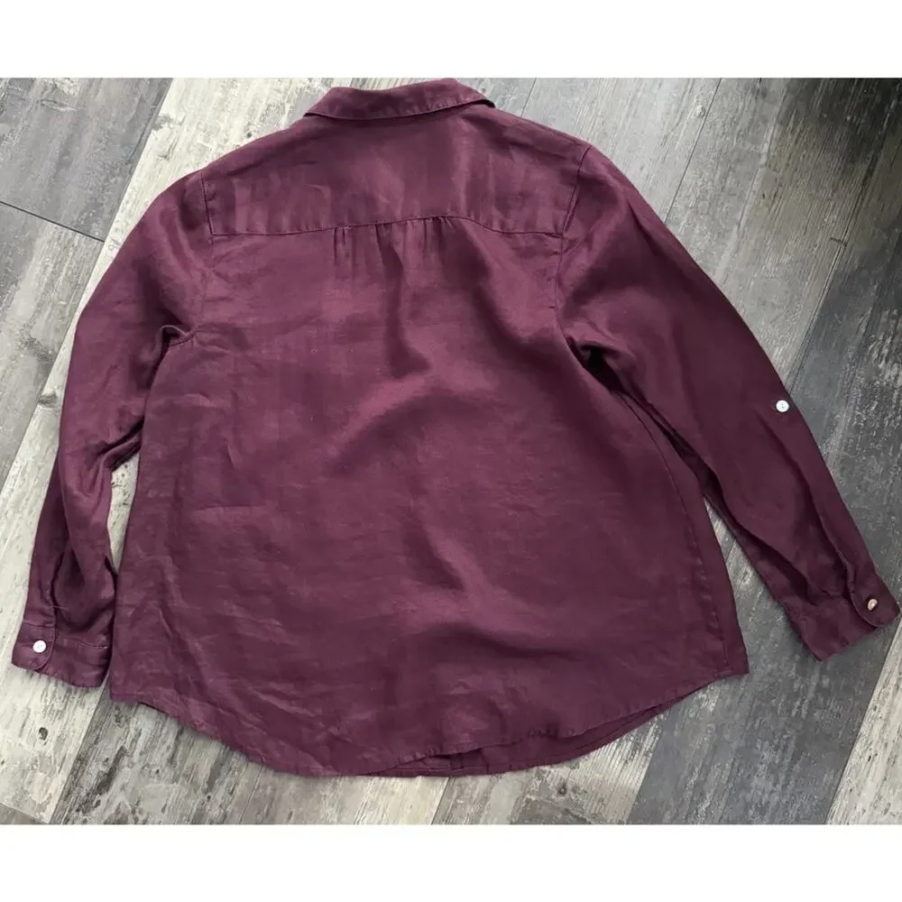 J.Jill Linen Stretch Burgundy 2 Piece Set Button Shirt & Cropped Pants M Petite